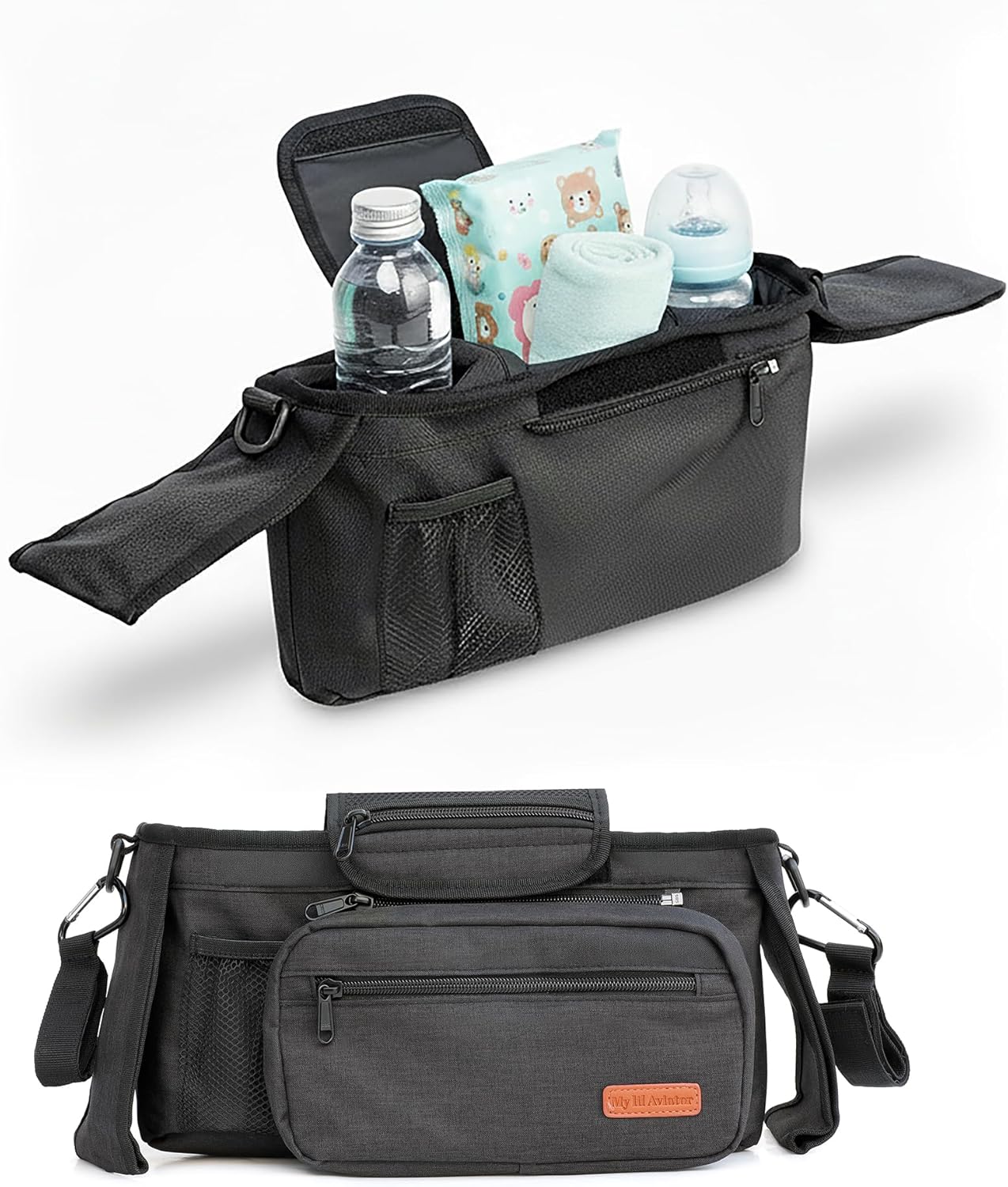 Universal Stroller Organizer Bag with 2 Insulated Cup Holder, Durable Detachable Phone Bag and Shoulder Strap – Fits for Pet Stroller Caddy, Uppababy, Baby Jogger, Britax, Doona, Nuna