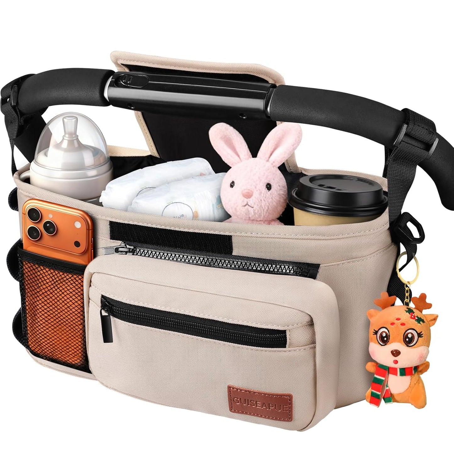 Guiseapue Universal Stroller Organizer with Cup Holder: Stroller Caddy Accessories with Detachable Phone Bag Fit for Uppababy, Non-Slip Straps, Walker Accessories, First Mothers Day Gifts for New Mom
