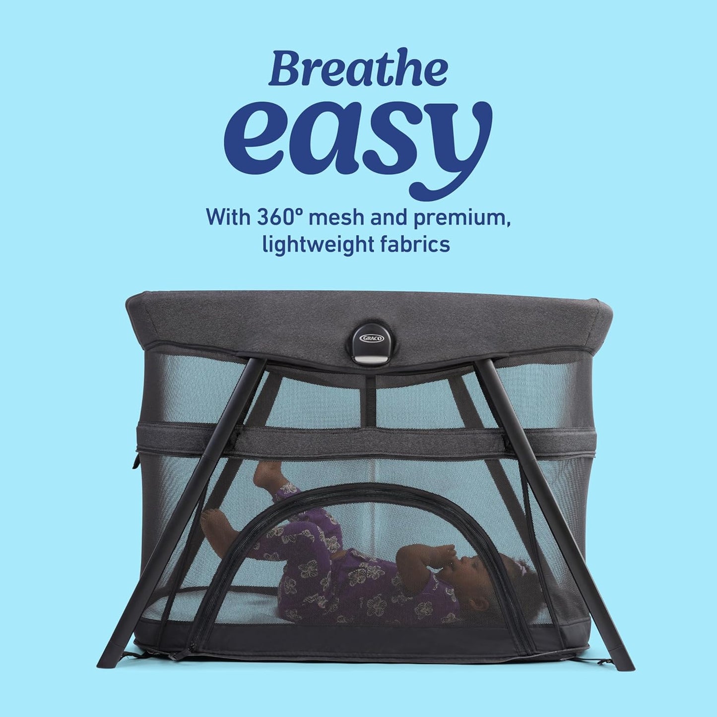 Graco® Lite Traveler 4 in 1 Playard with 4 Modes, Bedside Bassinet, Toddler Playpen, Free Play and Slumber Tent Mode, Lightweight Portable Playard with Canopy and Carry Bag