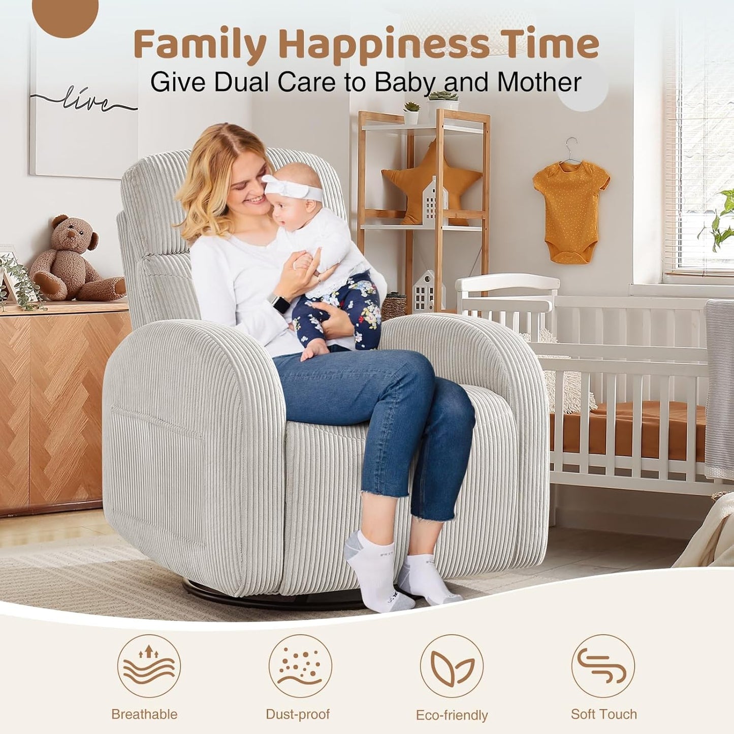 Swivel Rocker Recliner Chair, Rocking Recliner for Nursery with Side Pockets, Manual Swivel Reclining Nursery Glider Chair for Breastfeeding Living Room, Camel Chenille