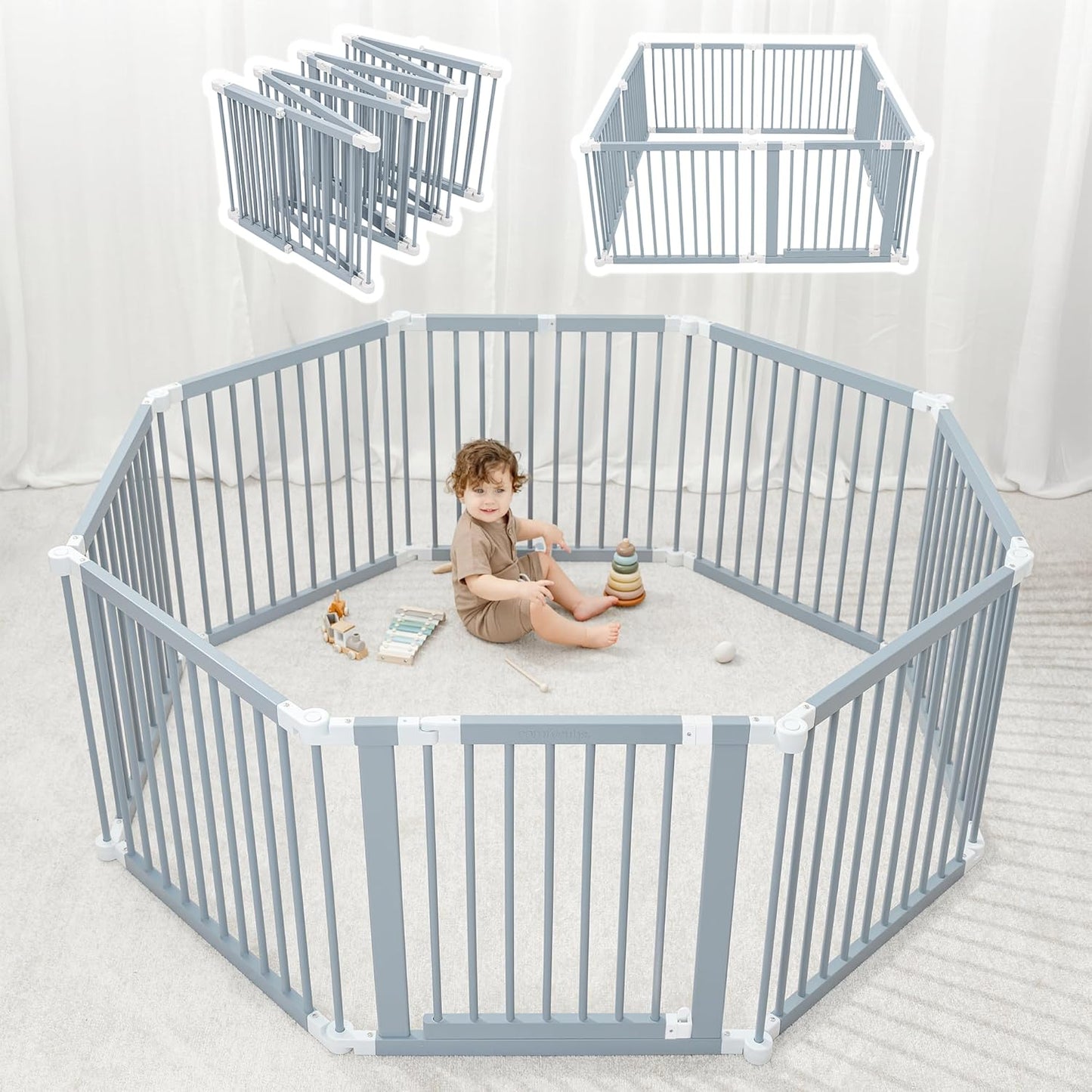Comfy Cubs Baby Gate Playpen - 57 x 57 x 25 in, Extends Up to 228” - Pine Wood Foldable Playpen with Child-Proof Lock - Easy Assembly Baby Fence Play Area for Babies & Toddlers - Light Wood White