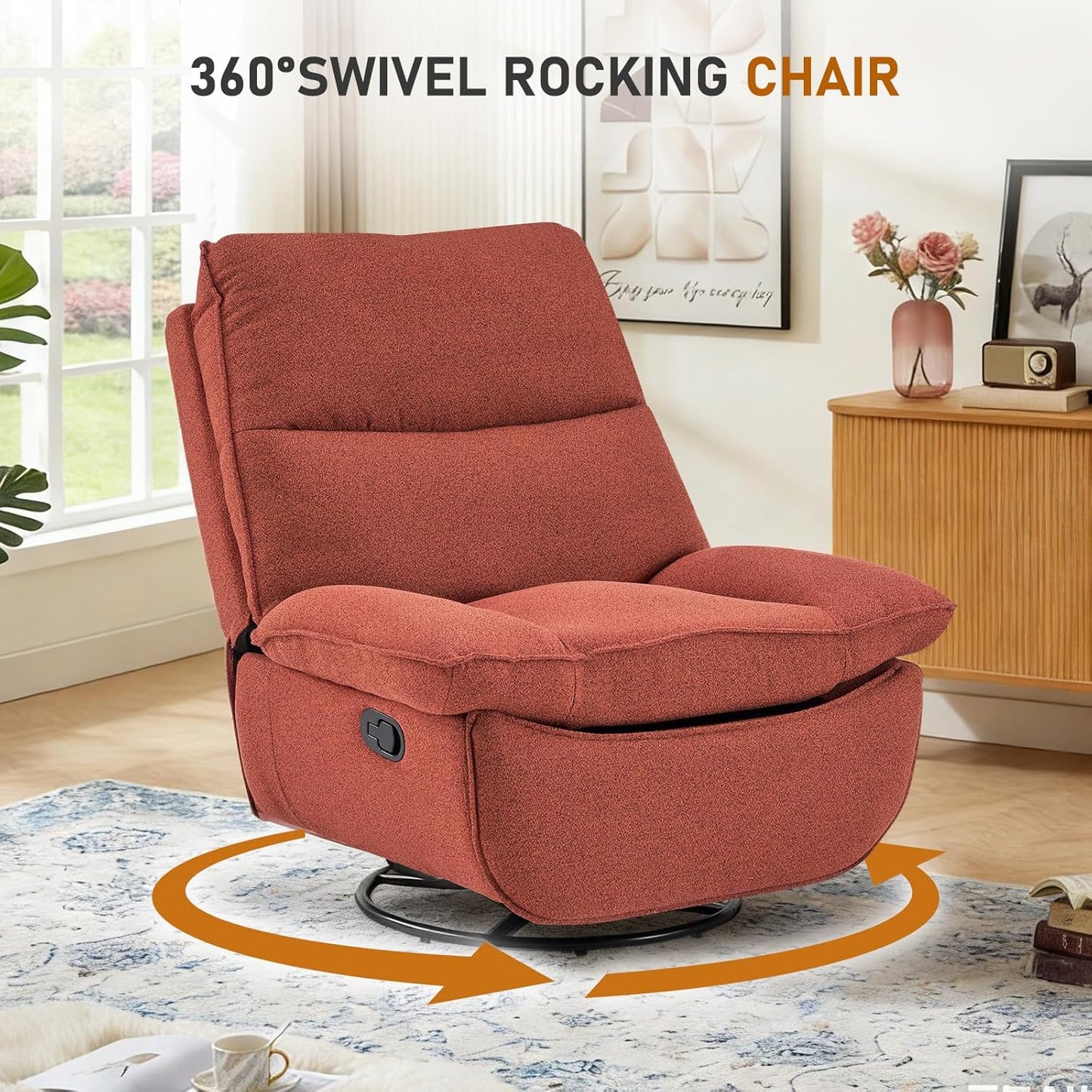 Furnimart Swivel Oversized Recliner Chair, Extra Wide Manual Recliner Chair for Adults, Nursery Glider Rocking Chair Comfy Reading Chair with Side Storage for Living Room, Chenille Burnt Orange