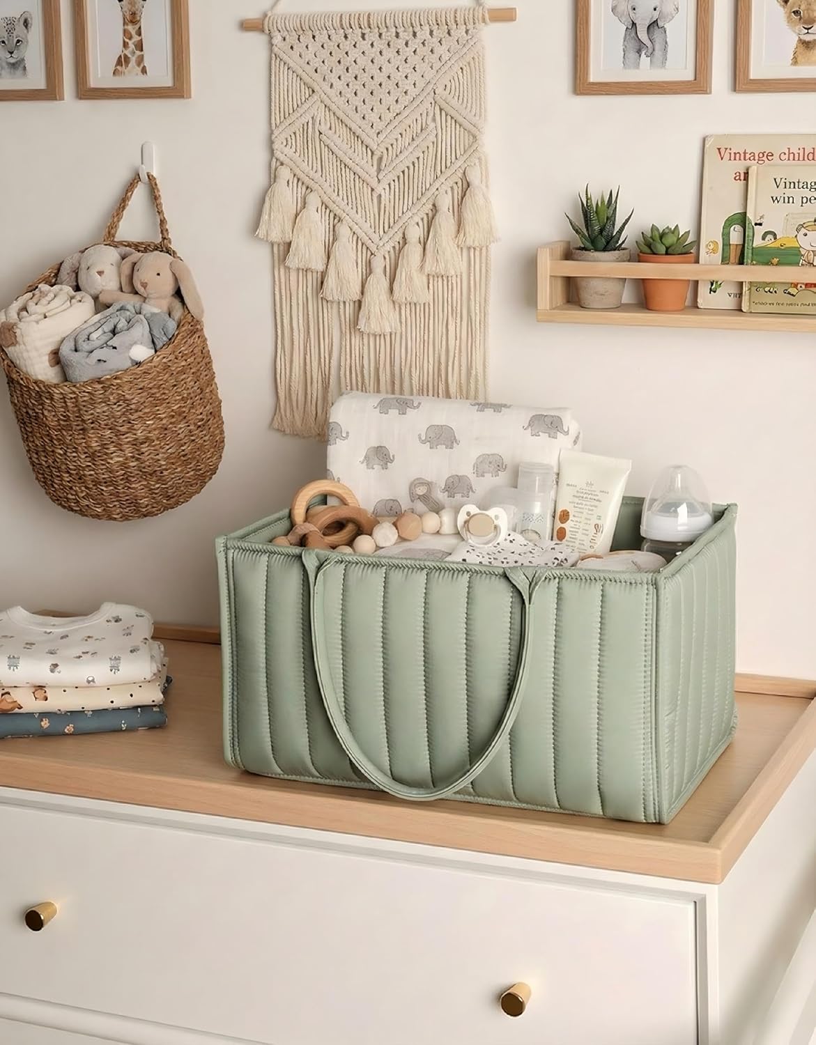 Baby Diaper Caddy Organizer-Large Nursery Storage Basket for Changing Table and Car - Portable Newborn Essentials & Wipes Bin - Gift for Baby Shower and Registry Must-Have (Forest Green)