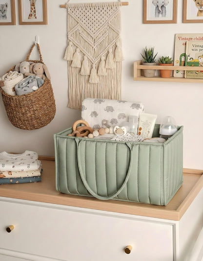 Baby Diaper Caddy Organizer-Large Nursery Storage Basket for Changing Table and Car - Portable Newborn Essentials & Wipes Bin - Gift for Baby Shower and Registry Must-Have (Forest Green)