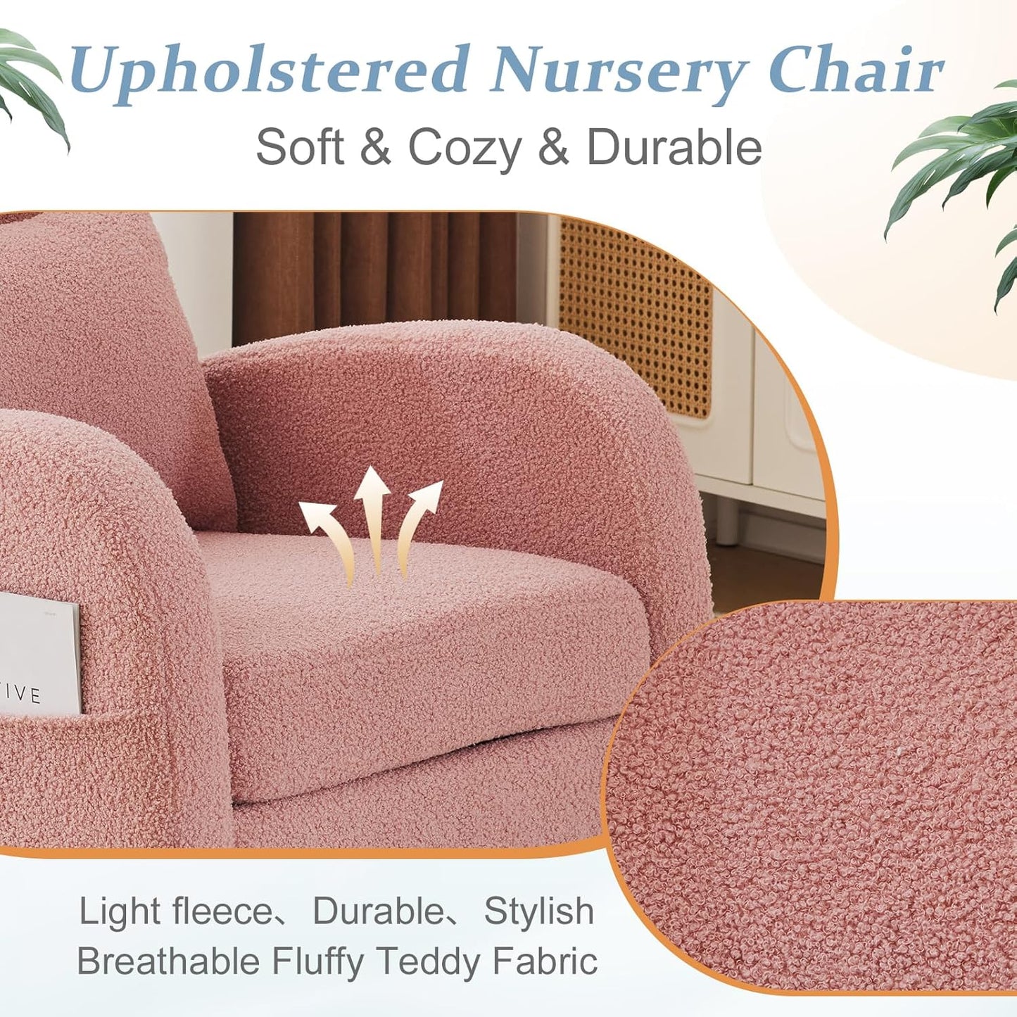 VINGLI Teddy Fleece Low Seat Rocking Chair,Boucle Upholstered Nursery Glider Chair with Side Pockets,Accent Arm Chair with High Backrest,Comfy Head Rest,Solid Wood,For Living Room Bedroom Balcony,Pink