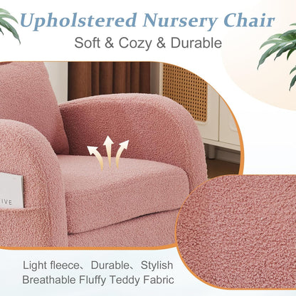 VINGLI Teddy Fleece Low Seat Rocking Chair,Boucle Upholstered Nursery Glider Chair with Side Pockets,Accent Arm Chair with High Backrest,Comfy Head Rest,Solid Wood,For Living Room Bedroom Balcony,Pink
