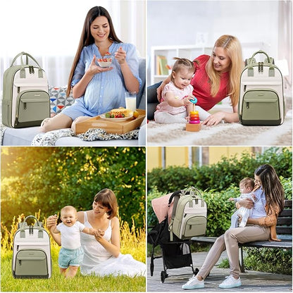 LOVEVOOK Diaper Bag Backpack, Baby Bag with Changing Pad, Large Diaper Backpack Boy Girl, Waterproof Baby Registry Bag for Mom Dad with Stroller Buckles, Light Green-beige-olive Green