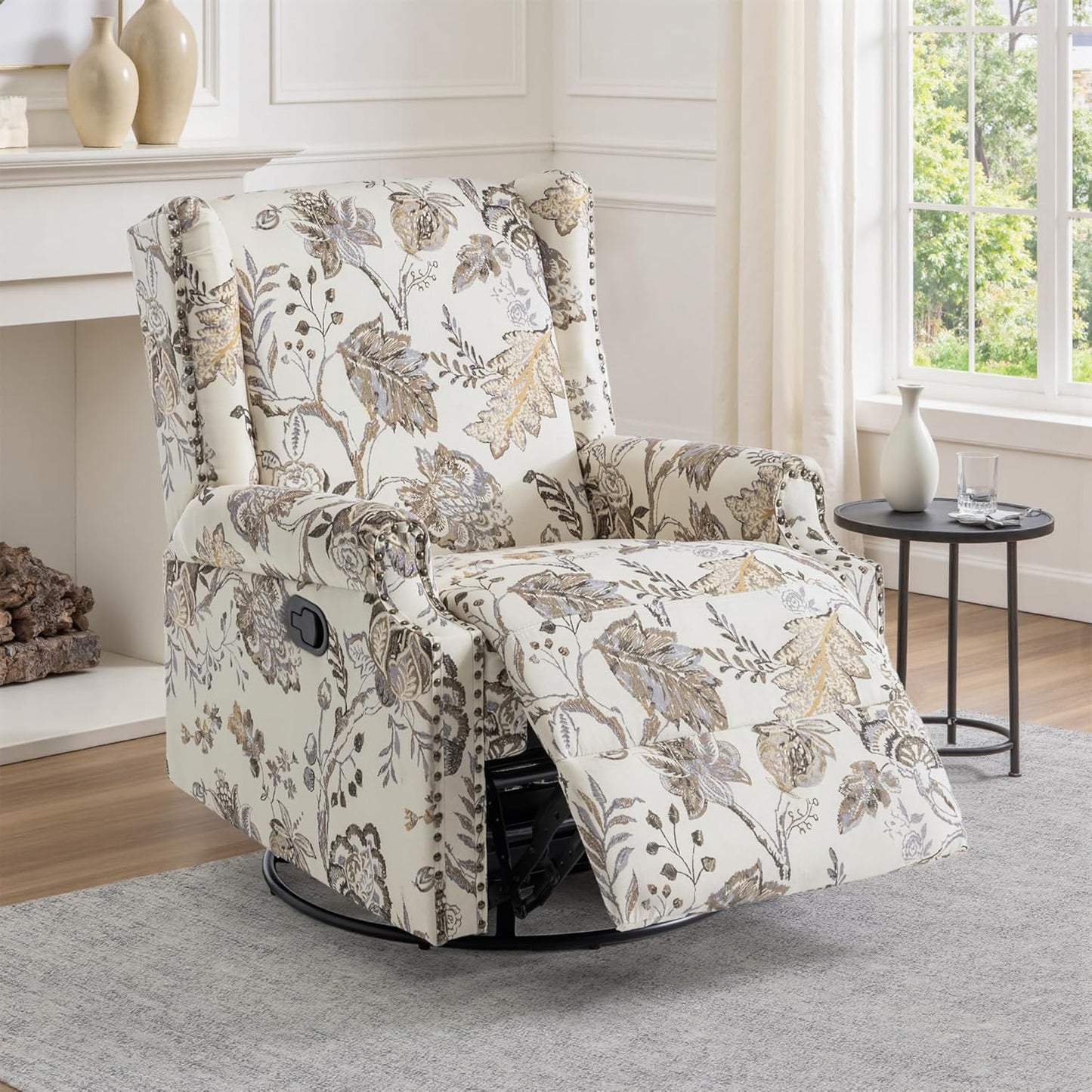 UIXE Swivel Glider Recliner Chair for Adults, High Back Nursery Rocker Floral Upholstered Armchair for Living Room, Manual Reclining Rivet Trim Sofa Lounge with Deep Seat in Fabric - Navy Blue