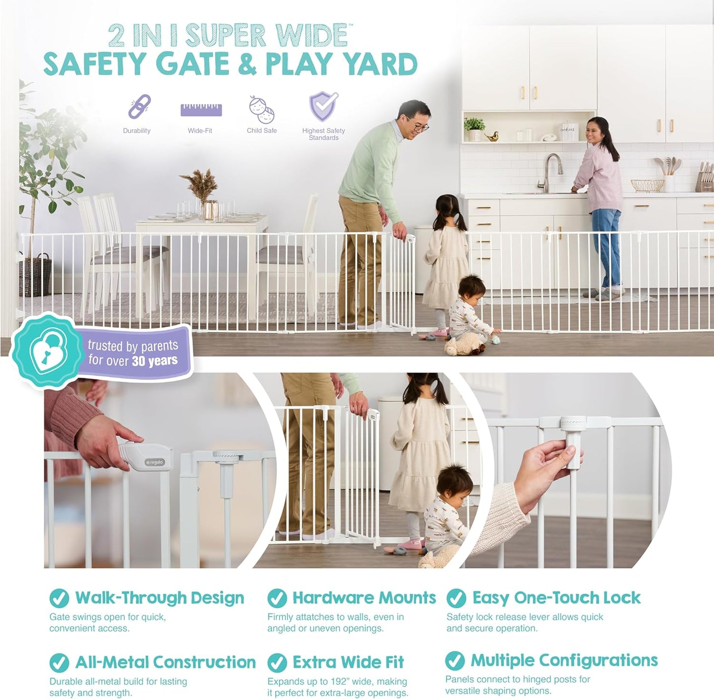 Regalo Safety 192" Super Wide Baby Gate & Play Yard, 2-in-1 Convertible Extra Wide Safety Barrier, Hardware Mounted for Toddlers & Pets, Tested & Safe for 30 Years, American Designed & Owned, White