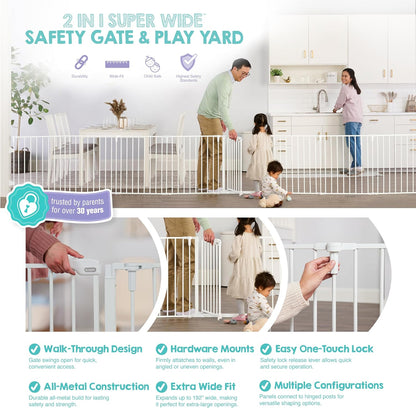 Regalo Safety 192" Super Wide Baby Gate & Play Yard, 2-in-1 Convertible Extra Wide Safety Barrier, Hardware Mounted for Toddlers & Pets, Tested & Safe for 30 Years, American Designed & Owned, White