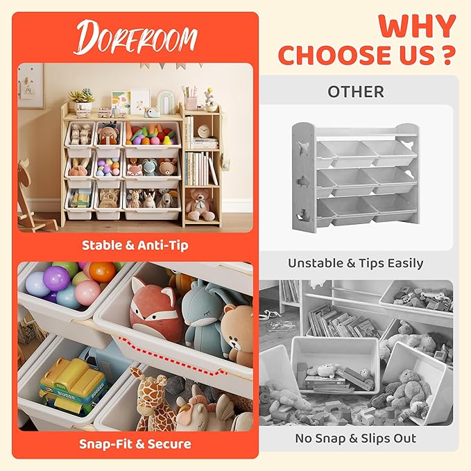 DOREROOM Toy Storage Organizer with Bookshelf, Kids Toy Storage and Organizers with 3 Shelves/9 Bins/3 Hooks, Bin Shelf, Toy Organization for Playroom, Nursery, Bedroom, Toddler Room | Wood & White