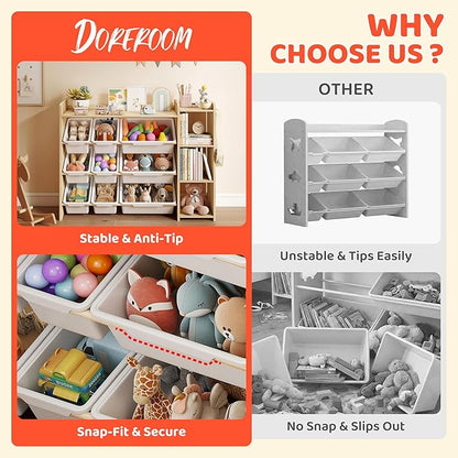 DOREROOM Toy Storage Organizer with Bookshelf, Kids Toy Storage and Organizers with 3 Shelves/9 Bins/3 Hooks, Bin Shelf, Toy Organization for Playroom, Nursery, Bedroom, Toddler Room | Wood & White