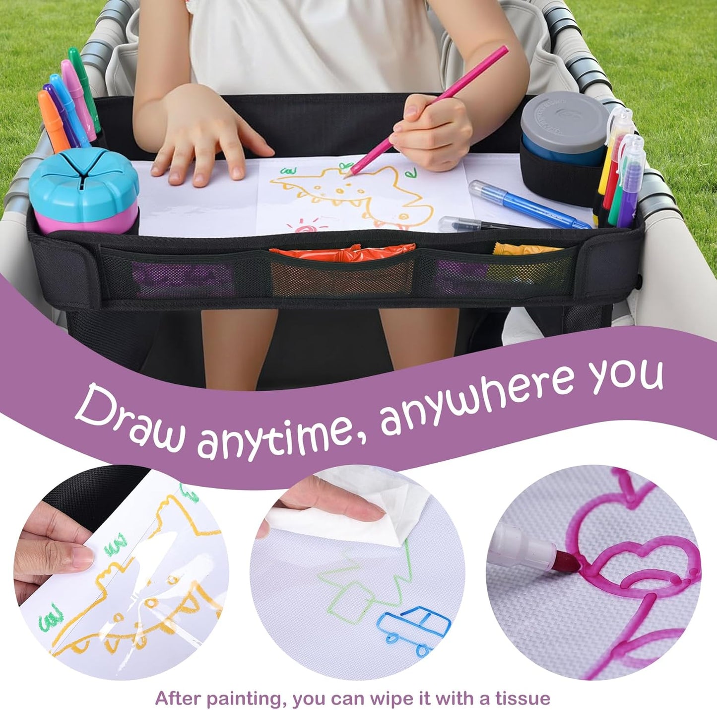 Babenest Stroller Snack Tray for Wonderfold Wagon W2, Foldable Thickened Snack Tray with Cup Holder, Storage Mesh Bag & Pen Slot, Easy to Clean Snack Board for Drawing
