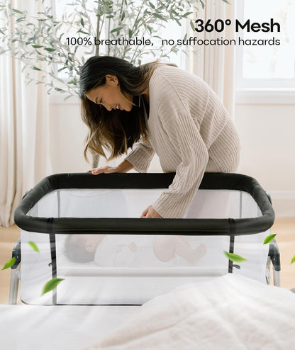 Fodoss Baby Bassinets Bedside Sleeper - 3-in-1 Baby Bassinet with Wheels, Soft Mattress, Storage Tray, Full-Mesh Sides, 7-Height Adjustable Crib for Newborns