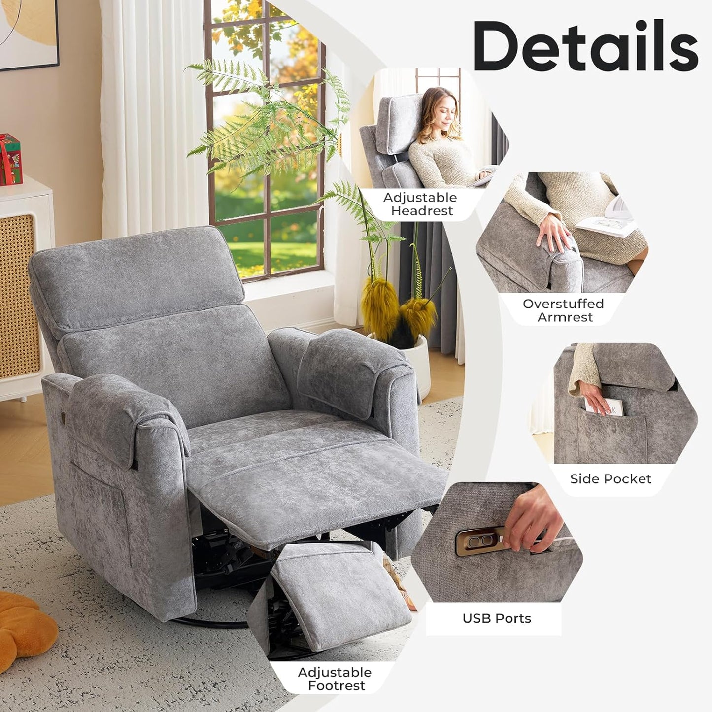 Oversized Power Rocker Recliner Chair, 26" Extra Wide Swivel Recliner with Adjustable Headrest, Chenille Glider Rocking Nursery Chair with Overstuffed Armrest, USB Ports, Cream