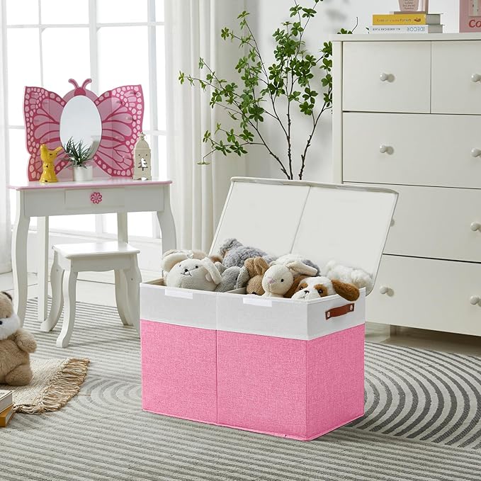 Bagnizer Large Toy Storage Box with Lids, Collapsible Sturdy Baby Storage Organizer Chest Bin Basket for Kids, Boys, Girls, Playroom, Nursery, Bedroom, Closet 25"x13"x16" (Pink and White)
