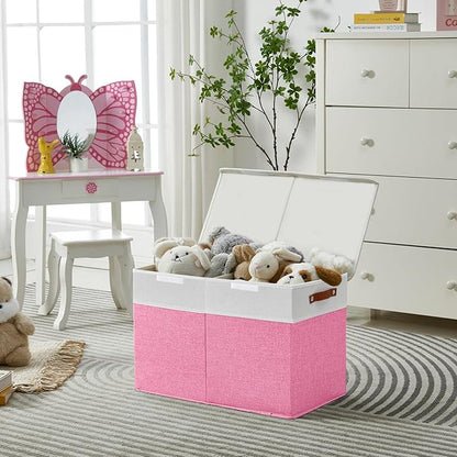 Bagnizer Large Toy Storage Box with Lids, Collapsible Sturdy Baby Storage Organizer Chest Bin Basket for Kids, Boys, Girls, Playroom, Nursery, Bedroom, Closet 25"x13"x16" (Pink and White)