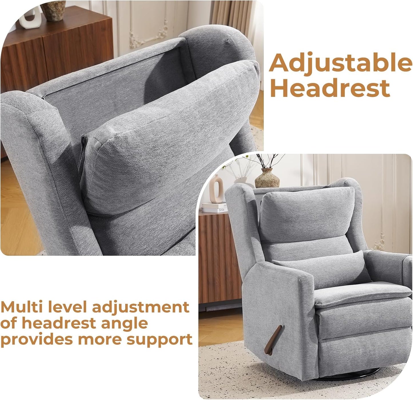 Large Glider Rocker Recliner,Rocking Chair Nursery with Adjustable Headrest,Swivel Rocker Recliner with Lumbar Support,Manual Nursery Rocker Recliner for Living Room& Bedroom,Chenille White