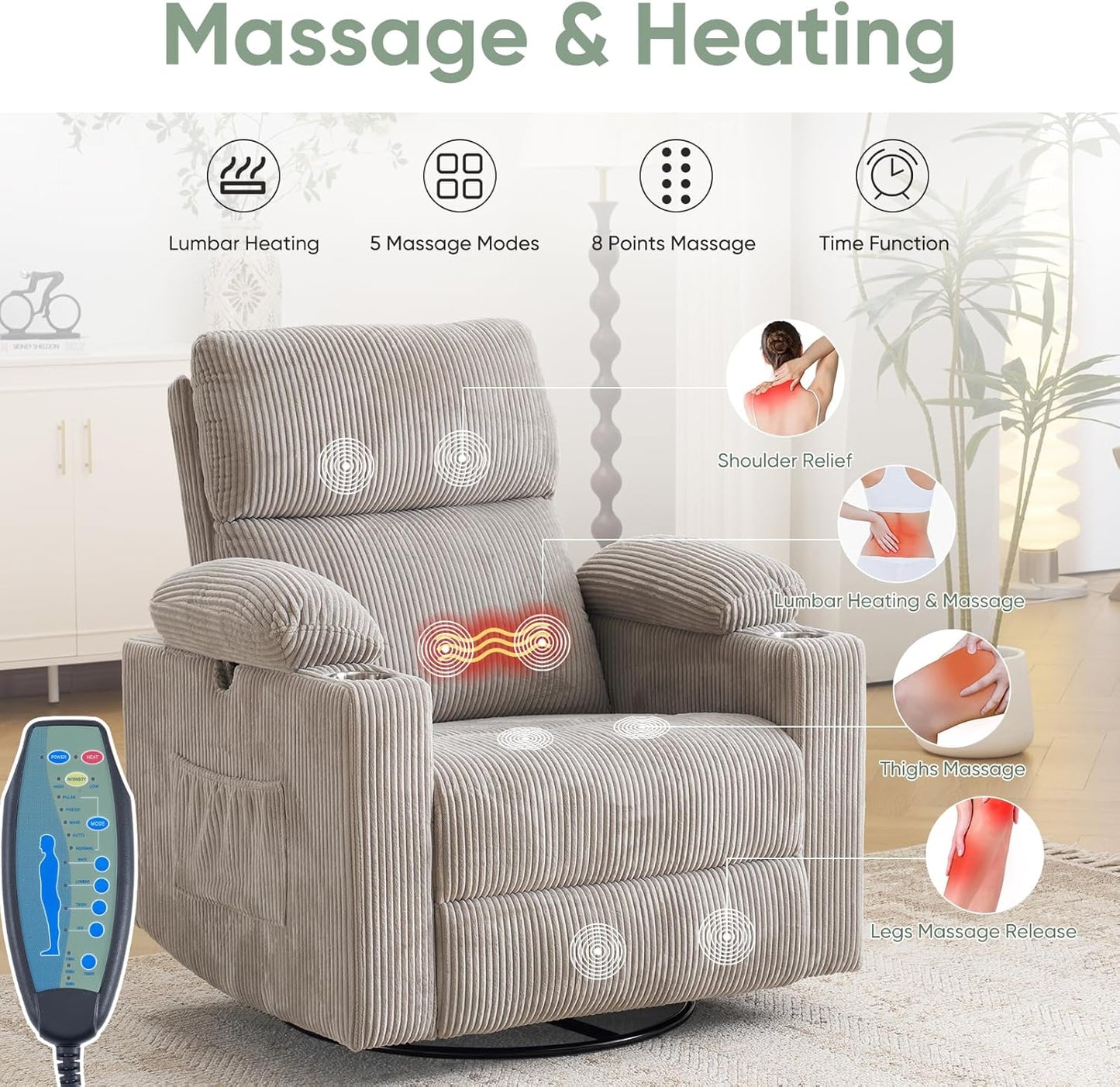 Rocking Chair Nursery with Adjustable Armrest for Breastfeeding, Glider Recliner Nursery Chair with Massage and Heat, Power Swivel Rocker Recliner with Adjustable Headrest, Corduroy, Beige