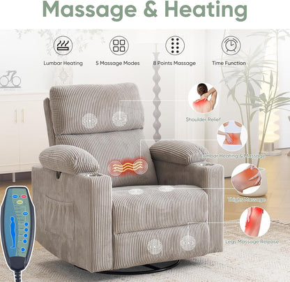 Rocking Chair Nursery with Adjustable Armrest for Breastfeeding, Glider Recliner Nursery Chair with Massage and Heat, Power Swivel Rocker Recliner with Adjustable Headrest, Corduroy, Beige