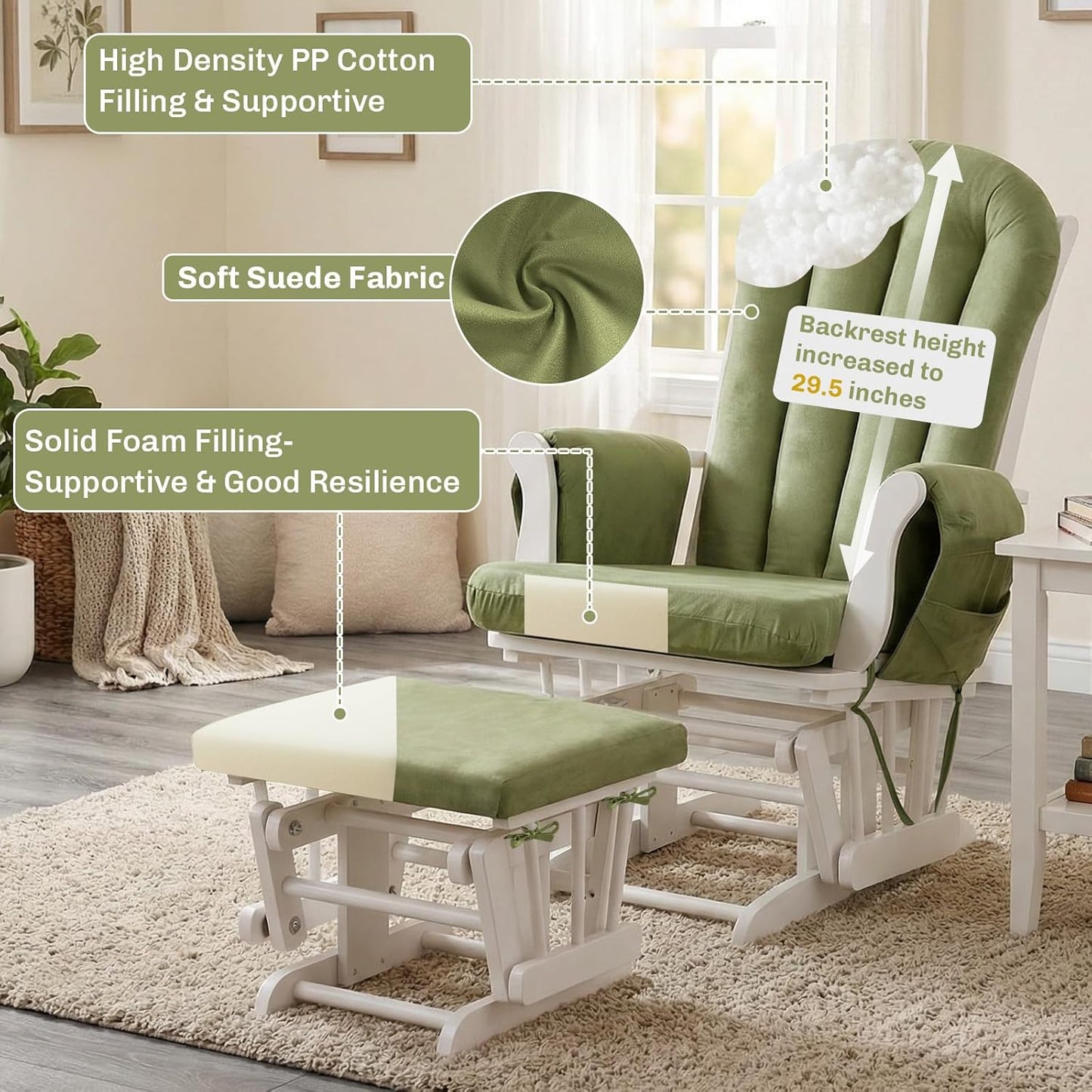 5PCS Suede Glider Rocker Replacement Cushions with 29.5" High Backrest & Side Pockets, Thickened Soft Glider Rocking Chair Cushions with Ottoman Cushion for Indoor Nursery Rocking Chair, Green