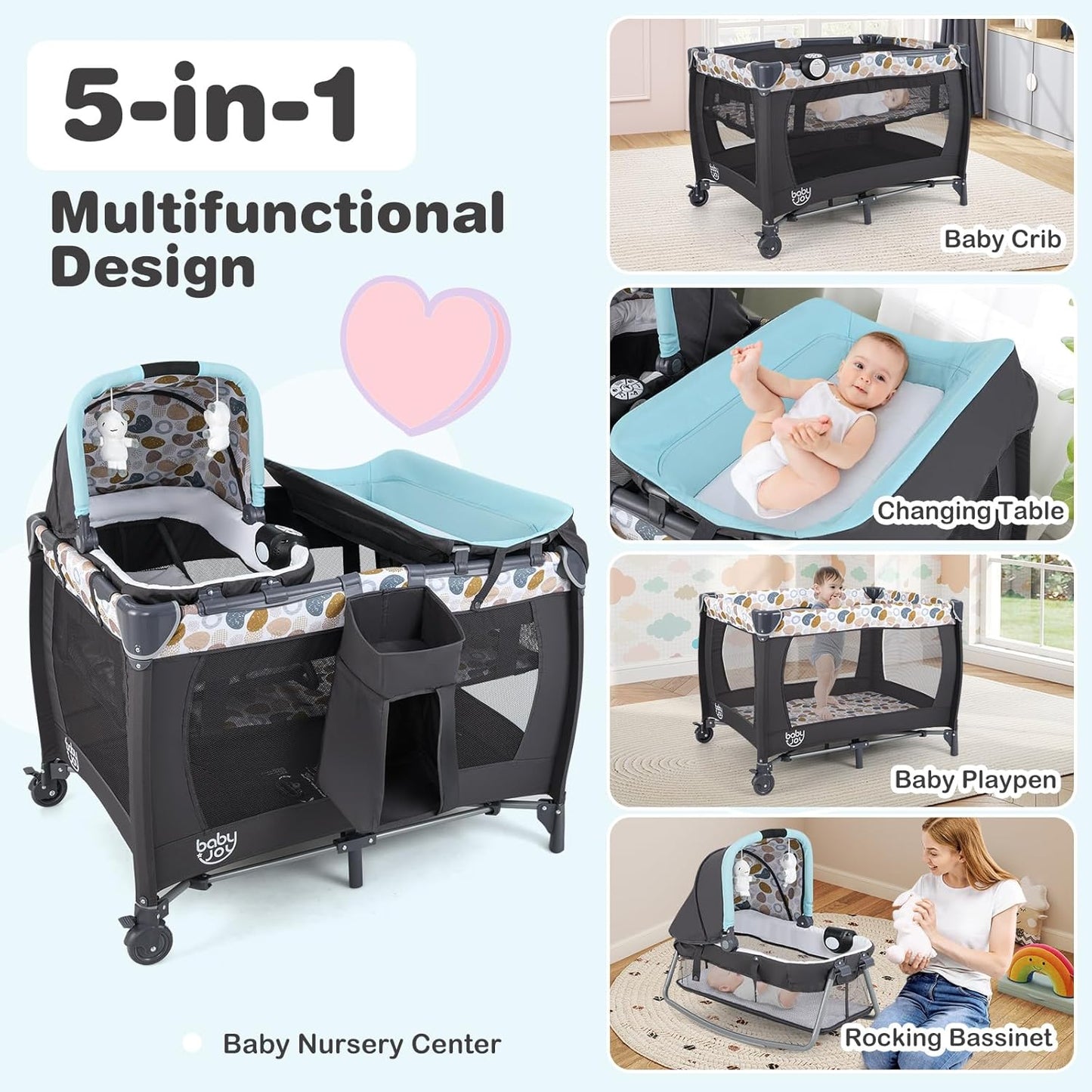BABY JOY 5 in 1 Pack and Play, Portable Nursery Center Baby Playard w/Bassinet & Diaper Changing Table, Bag, Infant Bassinet Crib Activity Center for Baby Toddlers Indoor Outdoor (Royal Blue, Classic)