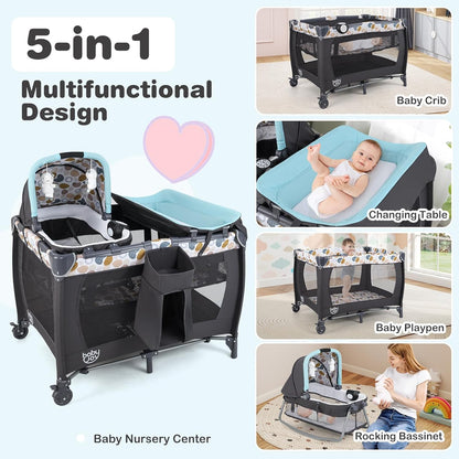 BABY JOY 5 in 1 Pack and Play, Portable Nursery Center Baby Playard w/Bassinet & Diaper Changing Table, Bag, Infant Bassinet Crib Activity Center for Baby Toddlers Indoor Outdoor (Royal Blue, Classic)