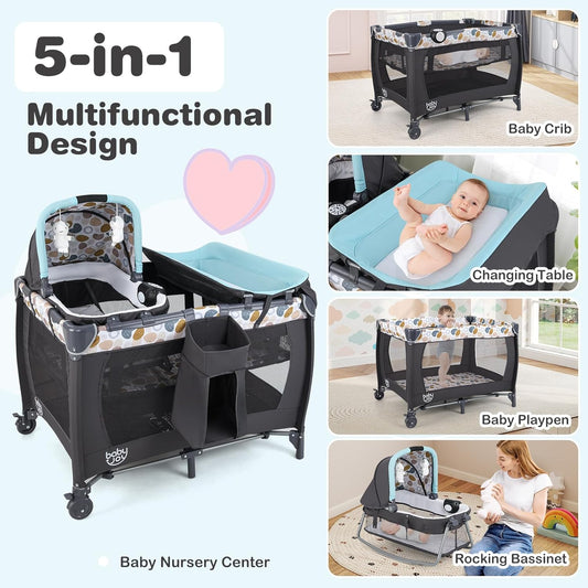 BABY JOY 5 in 1 Pack and Play, Portable Nursery Center Baby Playard w/Bassinet & Diaper Changing Table, Bag, Infant Bassinet Crib Activity Center for Baby Toddlers Indoor Outdoor (Royal Blue, Classic)