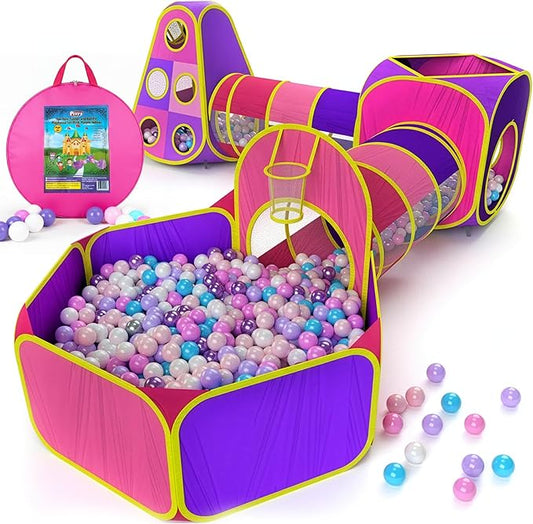 Playz 5pc Kids' Play Tents & Tunnels - Ball Pit for Toddlers, Basketball Hoop, Crawling Tubes, Pop-Up Playhouses, Baby Obstacle Course for Indoor or Outdoor Use