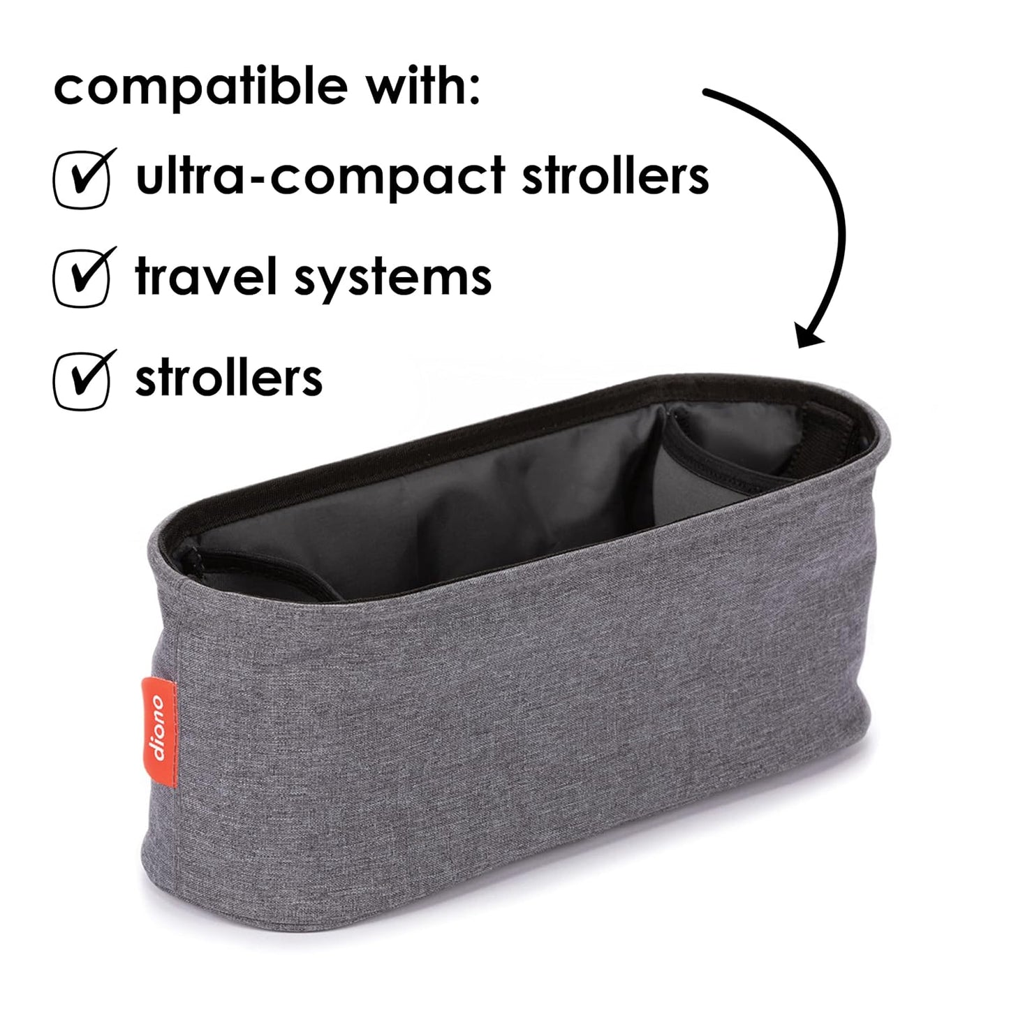 Diono Buggy Buddy Universal Stroller Organizer with Cup Holders, Secure Attachment, Zippered Pockets, Safe & Secure, Gray