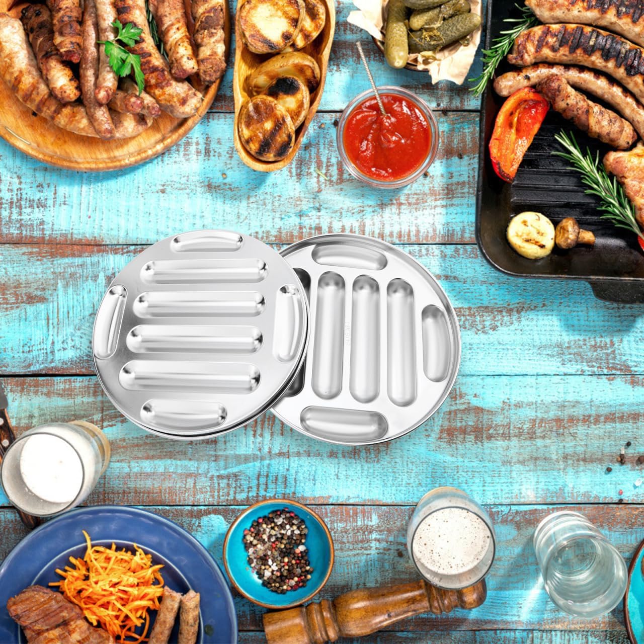 Hemobllo 8-Cavity Stainless Steel Hot Dog Mold 304 Food-Grade Non-Stick Bake & Steam Tray 10.2In for Family Breakfast, Party Snacks, Homemade Sausages