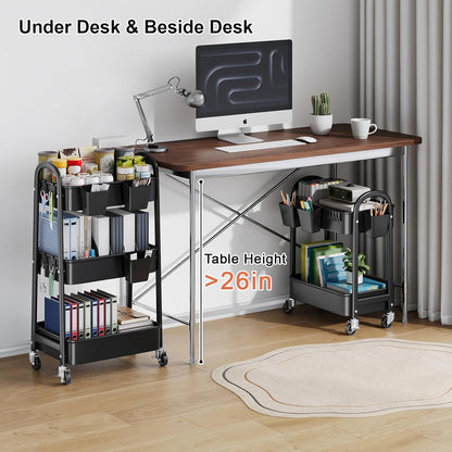 3 Tier Heavy Duty White Metal Rolling Cart with Lockable Wheels, Three Tier Roller Book Snack Cart, Utility Storage Organizer Carts for Kitchen, Bathroom, Garage, Baby Diaper, Craft, Art, Teacher