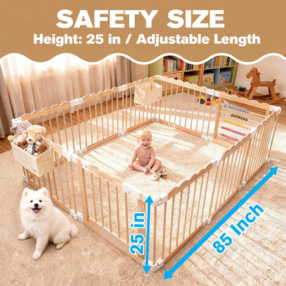 M MEEPO Foldable Baby Playpen, 57 x 57 x 25 in, Adjustable Shape & Size Wooden Baby Playpen with 2-Pack Storage Bags, Nature Pine Wood Play Yard for Infant, Toddler, Safety Lock Door, Build in Toys