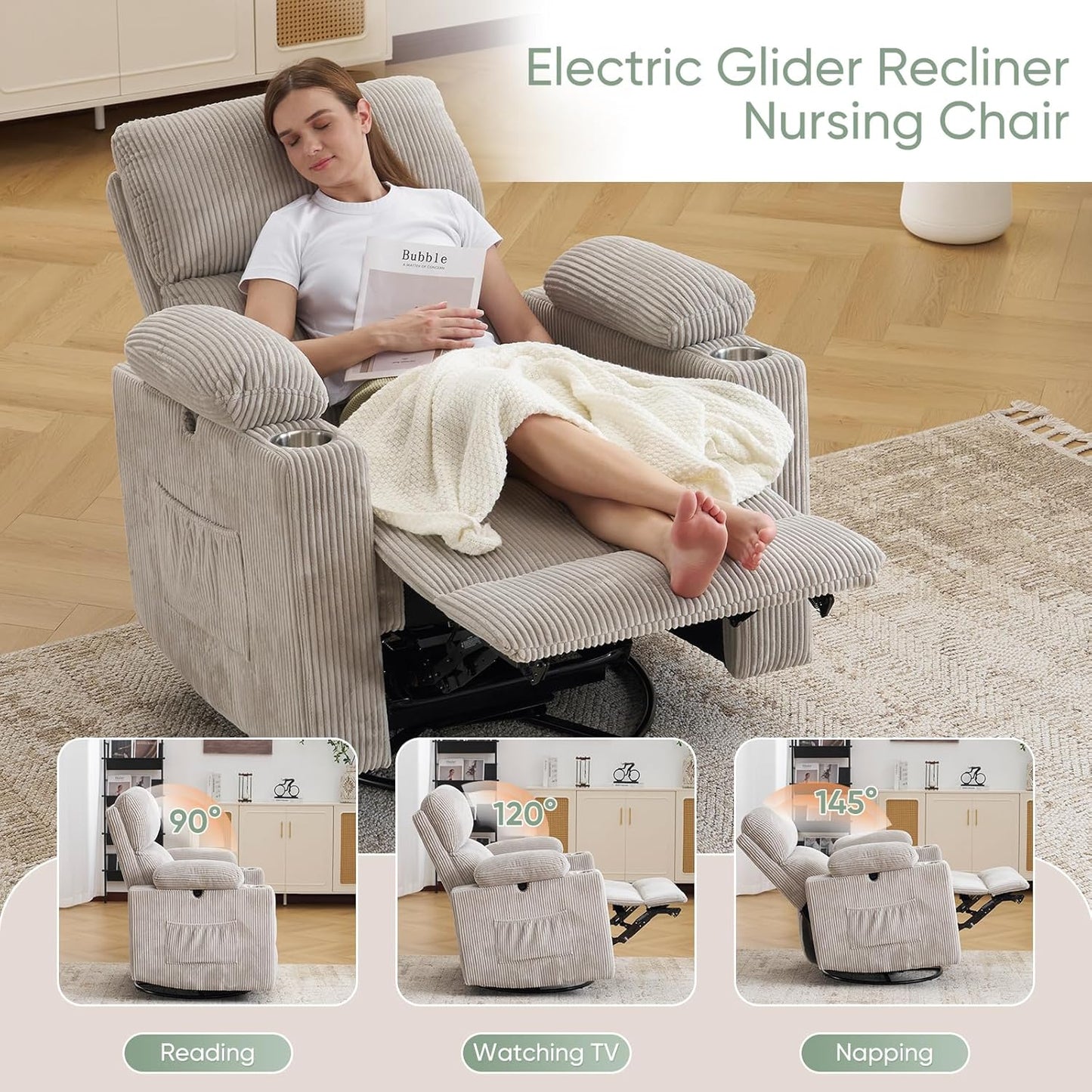 Rocking Chair Nursery with Adjustable Armrest for Breastfeeding, Glider Recliner Nursery Chair with Massage and Heat, Power Swivel Rocker Recliner with Adjustable Headrest, Corduroy, Beige