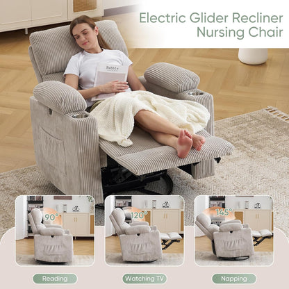 Rocking Chair Nursery with Adjustable Armrest for Breastfeeding, Glider Recliner Nursery Chair with Massage and Heat, Power Swivel Rocker Recliner with Adjustable Headrest, Corduroy, Beige