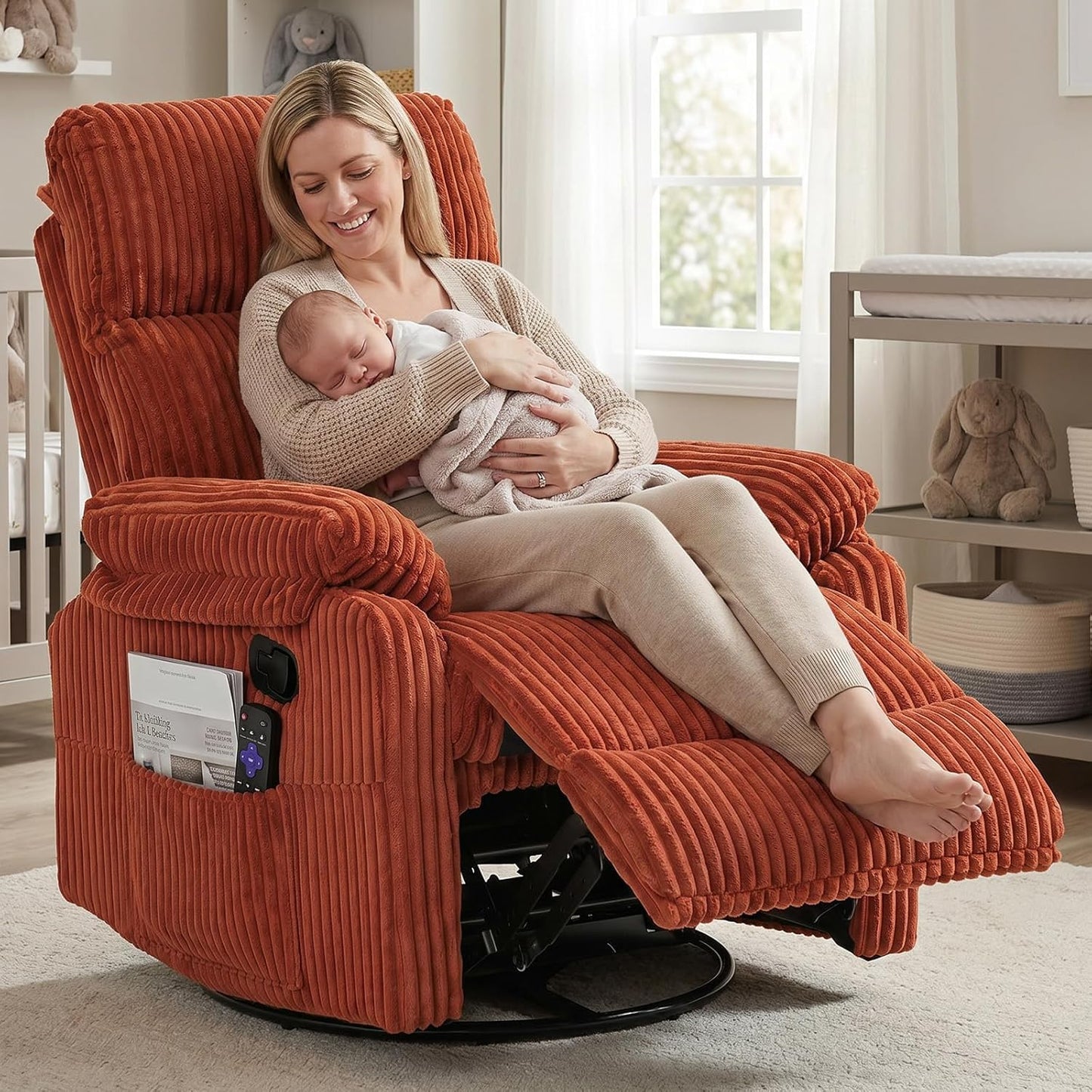Manual Small Recliner Rocking Chair for Nursery/Relaxation, Corduroy Swivel Glider Recliner for Living Room Bedroom, Brown Rocking Chair Nursery Recliners for Small Spaces, Side Pockets (Brown)