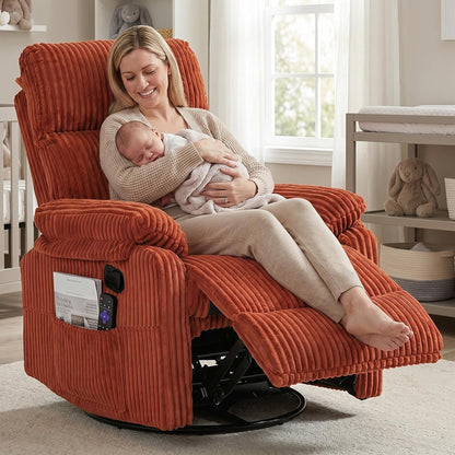 Manual Small Recliner Rocking Chair for Nursery/Relaxation, Corduroy Swivel Glider Recliner for Living Room Bedroom, Brown Rocking Chair Nursery Recliners for Small Spaces, Side Pockets (Brown)