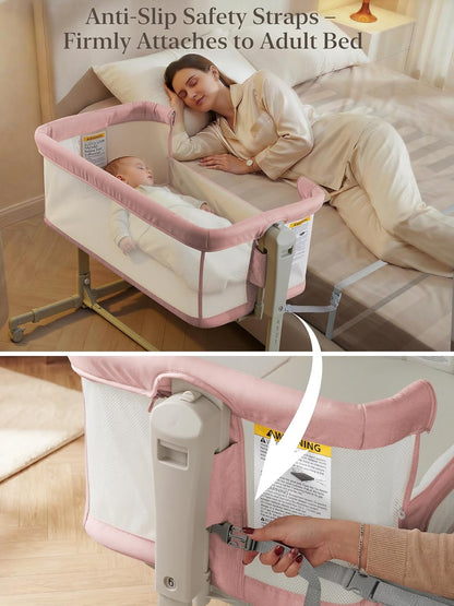 ONTHEWEI Baby Bassinet Bedside Sleeper 3-in-1, Easy Night Feeding with One-Side Fold & Rolling Wheels, Breathable Mesh, 6-Height Adjustable, Soft Mattress for Newborns