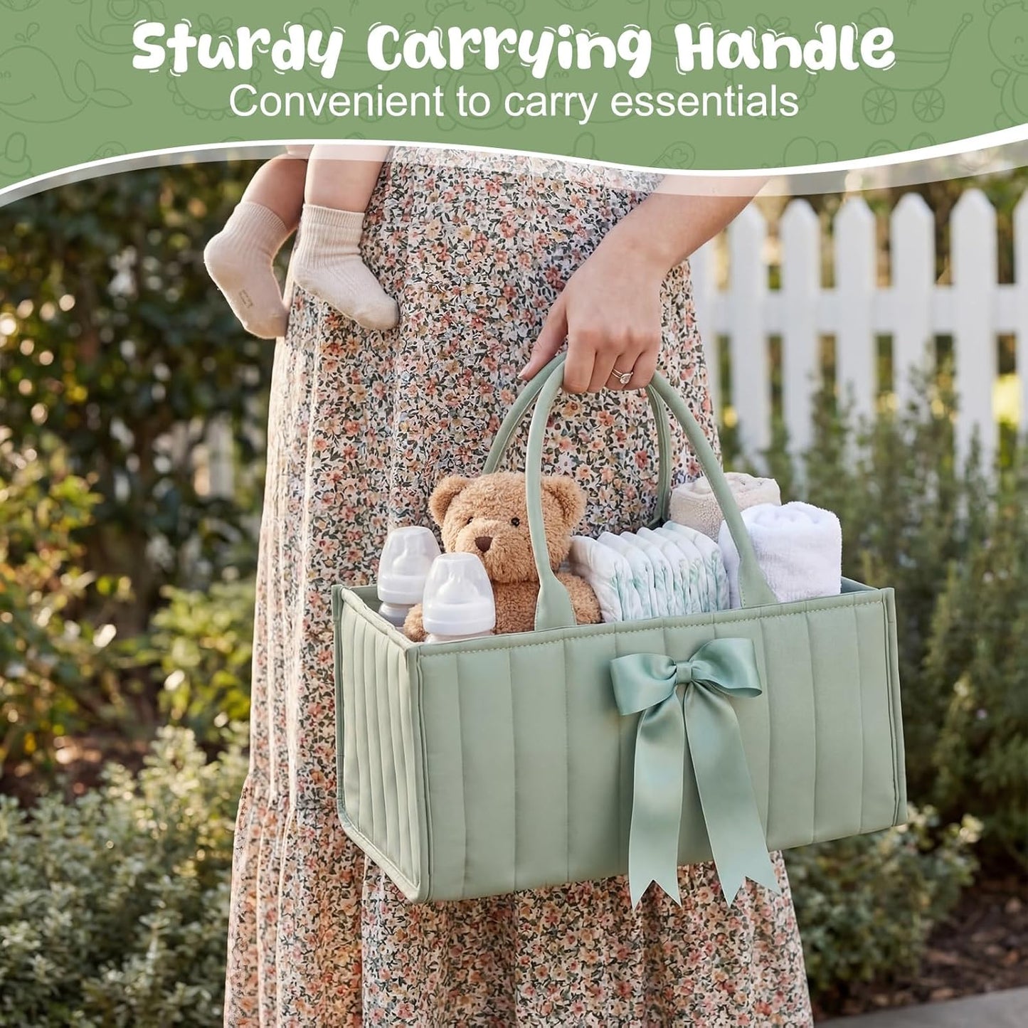 LemonRoad Baby Diaper Caddy Organizer Stylish Newborn Essentials Tote Bags with Bear Plush, Daisy Keychain, Greeting Card - Ideal Baby Shower Gift & Registry Must-Have (Sage Green)