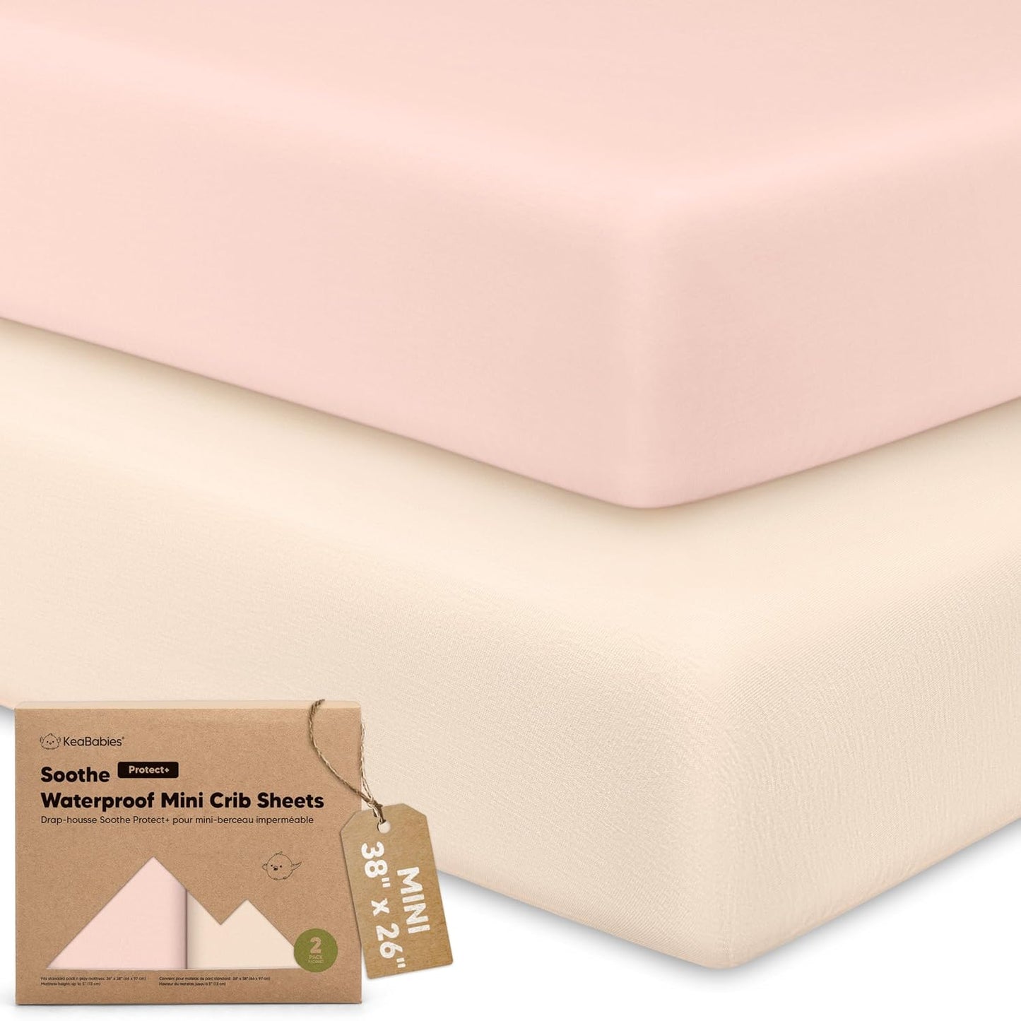 2 Pack and Play Sheets, Waterproof Mini Crib Sheets Fitted - 38x26 Organic Cotton Pack N Play Sheets for Graco Pack and Play Mattress, Playard Baby Crib Sheets,Neutral for Boy,Girl,Toddler(KeaSafari)