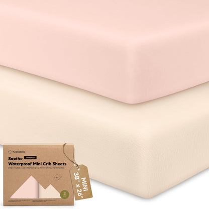 2 Pack and Play Sheets, Waterproof Mini Crib Sheets Fitted - 38x26 Organic Cotton Pack N Play Sheets for Graco Pack and Play Mattress, Playard Baby Crib Sheets,Neutral for Boy,Girl,Toddler(KeaSafari)