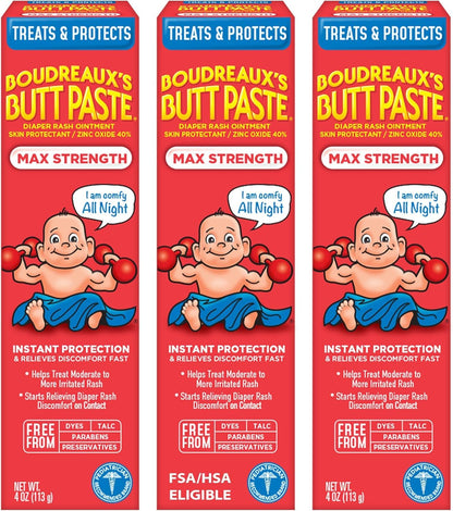 Boudreaux’s Butt Paste Max Strength Diaper Rash Cream for Baby, Ointment With Zinc Oxide, 4 oz Tube