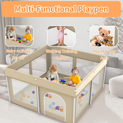 Foldable Large Baby Playpen 71"×71", Portable Playard for Babies & Toddlers, Lightweight Safety Baby Fence, No Installation, Indoor & Outdoor Playpen with 150 Ocean Balls, Beige
