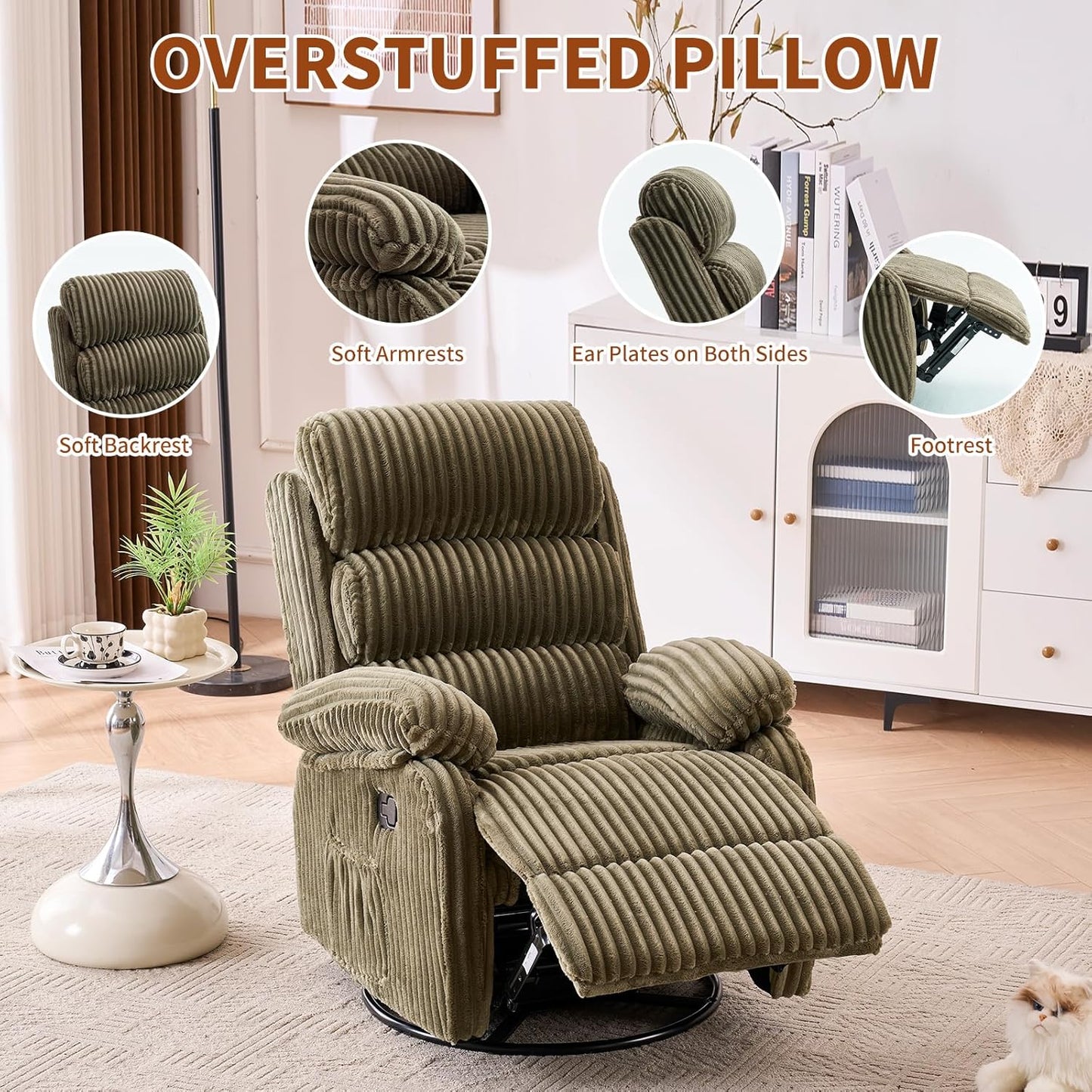 Adult 360° Rocking Recliner Chair，Nursery Rocker Reclining Chair with Side Pocket, a Comfy upholstered Single Sofa Armchair. Suitable for Living Room, Bedroom Nursing use, Velvet Fabric in Beige
