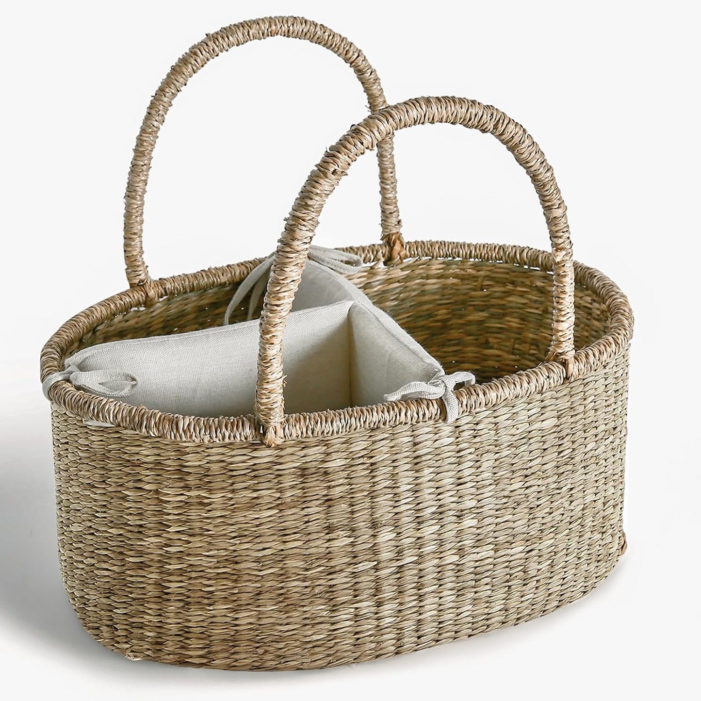 Premium Wicker Baby Diaper Caddy Organizer, Woven Seagrass Basket with Handles, Diaper Basket with Dividers (Seagrass)