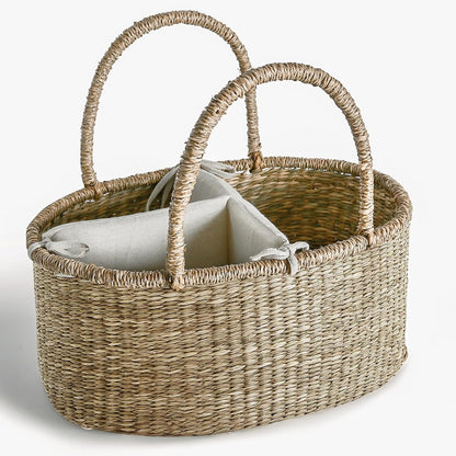 Premium Wicker Baby Diaper Caddy Organizer, Woven Seagrass Basket with Handles, Diaper Basket with Dividers (Seagrass)