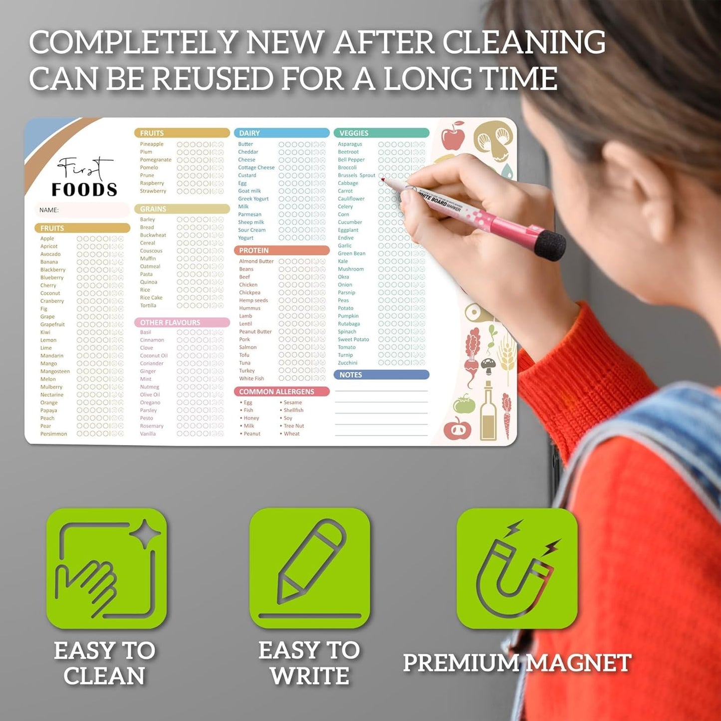 BIROYAL Baby First Foods Tracker Fridge Magnet, Led Weaning Supplies, 12"x8" Dry Erase Daily Food Log, 101 Foods Checklist Before One, Baby Feeding Essentials