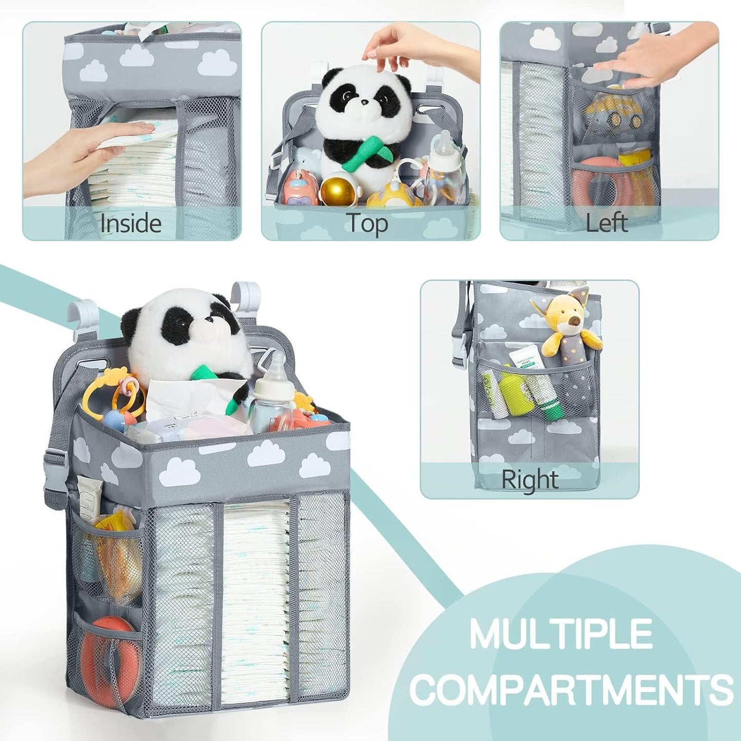 Baby Diaper Caddy Organizer with Cloud Print, Multi-Compartment Nursery Storage Bag with Adjustable Straps, Portable Diaper Stacker for Stroller, Car, Travel, Nursery (Grey)