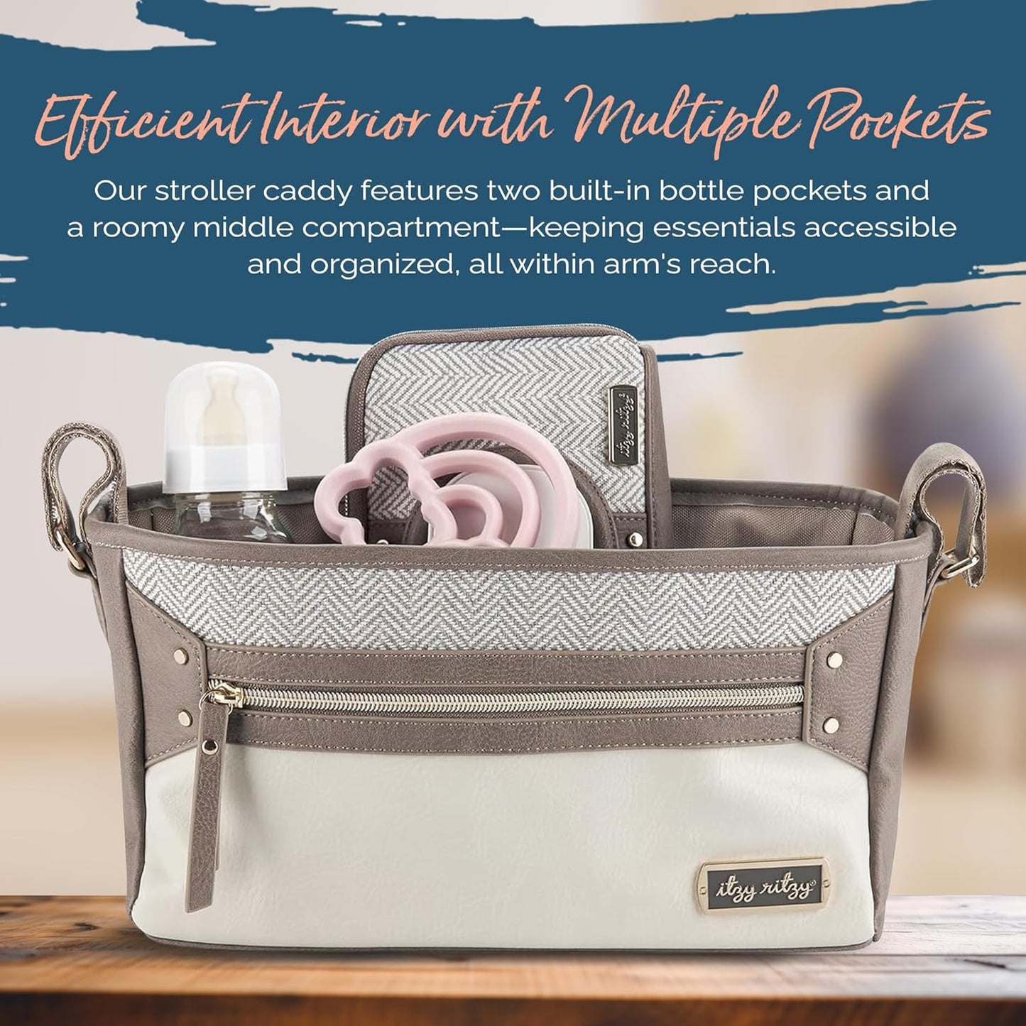 Itzy Ritzy Adjustable Stroller Caddy and Organizer Bag Featuring Front Zippered Pocket, 2 Built-In Interior Pockets & Adjustable Straps to Fit Nearly Any Stroller (Coffee and Cream)