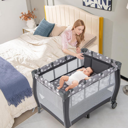 HONEY JOY Pack and Play, 3 in 1 Portable Baby Playard with Bassinet, Changing Table, Lockable Wheels, Music Box, Foldable Travel Baby Crib Nursery Center from Newborn to Toddler (Coffee Pink)